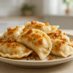Talerz pełen pierogów ruskich, polanych skwarkami i posypanych szczypiorkiem. Smak jak z pierogów ruskich przepis babci.