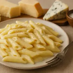 Penne w kremowym sosie serowym, idealne do przygotowania według przepisu na makaron z serem. Na talerzu, w tle sery i mleko.
