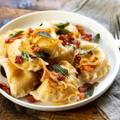 Pyszne pierogi z boczkiem i cebulką. Wiesz, ile gotować pierogi, by były idealne? Te wyglądają na gotowe!