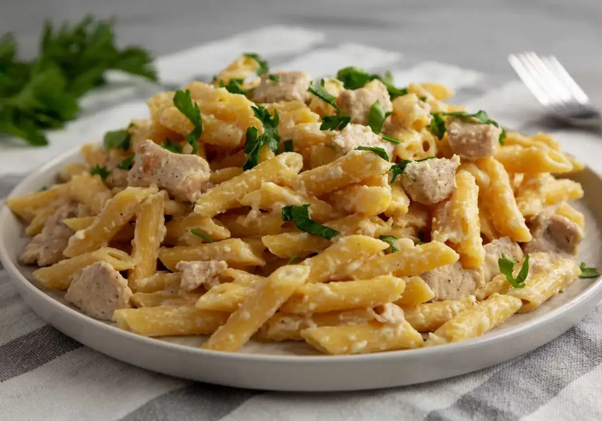 Penne z kurczakiem w kremowym sosie, posypane świeżą natką pietruszki. Pyszne danie, które zadowoli każdego.