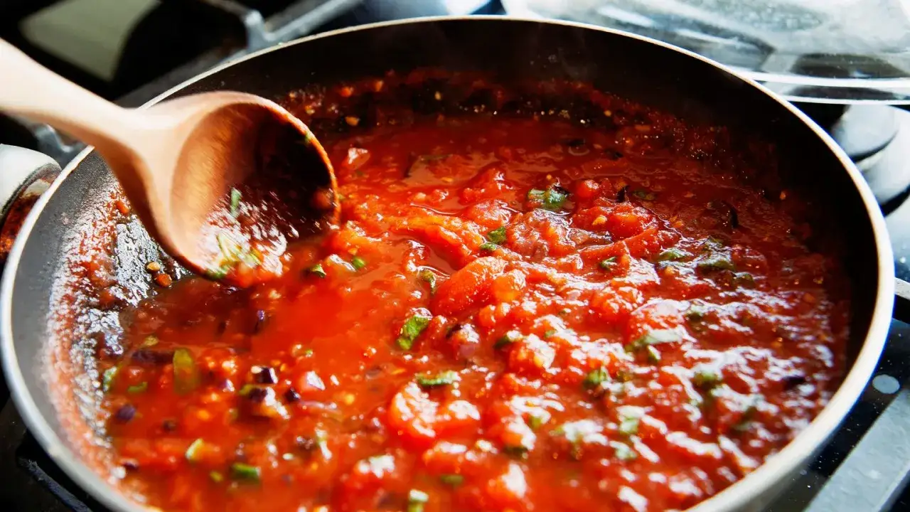 Drewniana łyżka miesza gęsty, czerwony sos pomidorowy z ziołami na patelni. Idealny przepis na to, jak zrobić sos do spaghetti.