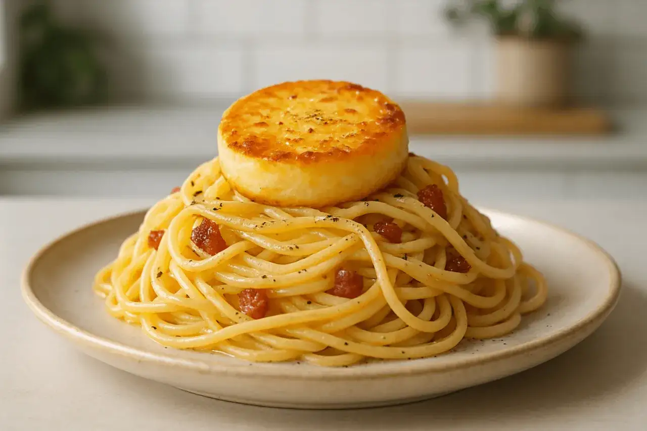 Pyszne spaghetti carbonara z kawałkiem zapiekanego sera na wierzchu. Idealny wybór, jaki ser do carbonary? Ten wygląda obłędnie!