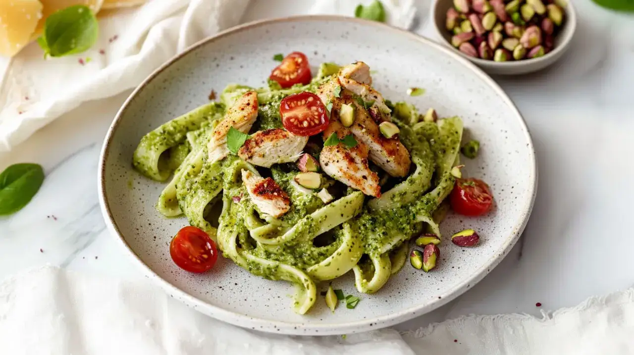 Pyszny makaron z pesto ze słoika i kurczakiem, udekorowany pomidorkami koktajlowymi i pistacjami.