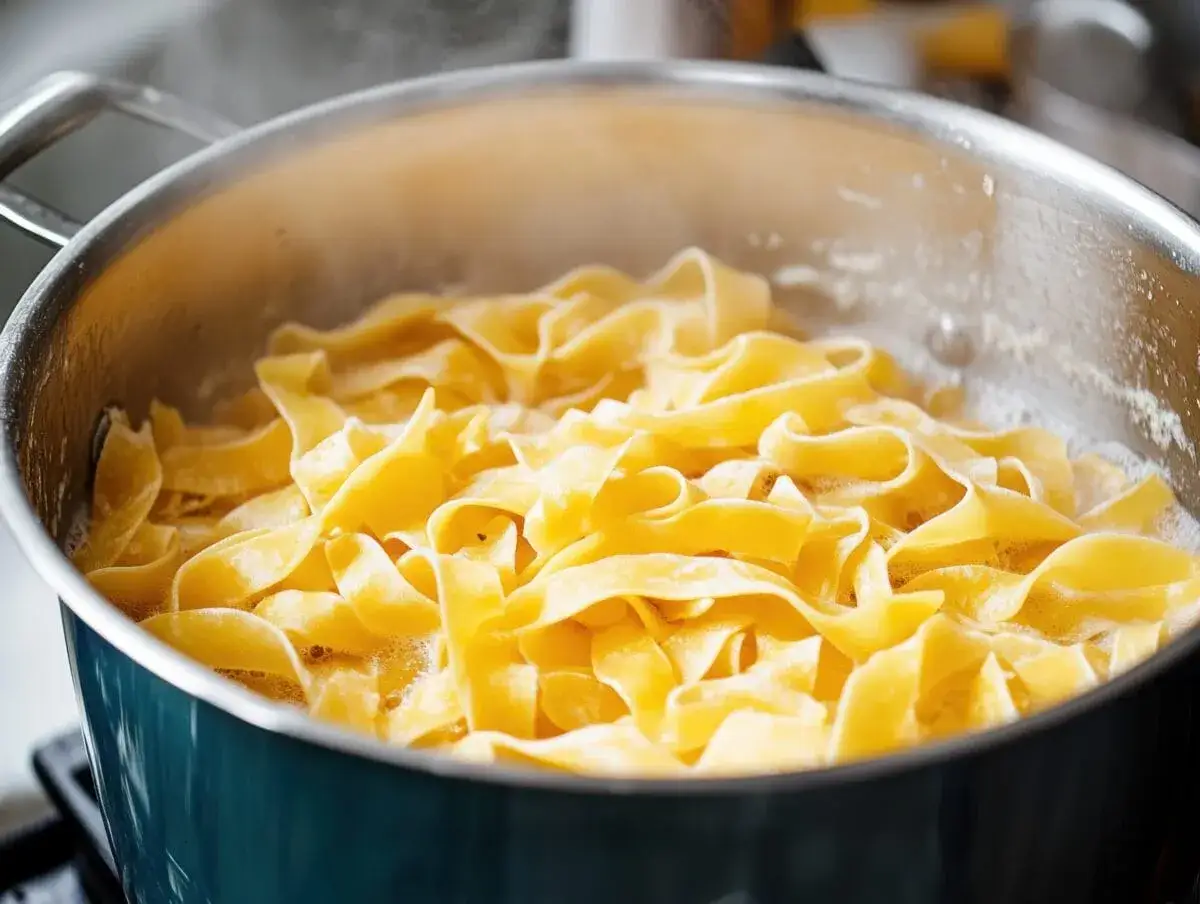 Szeroki, żółty makaron tagliatelle gotuje się w bulgoczącej wodzie w dużym garnku.
